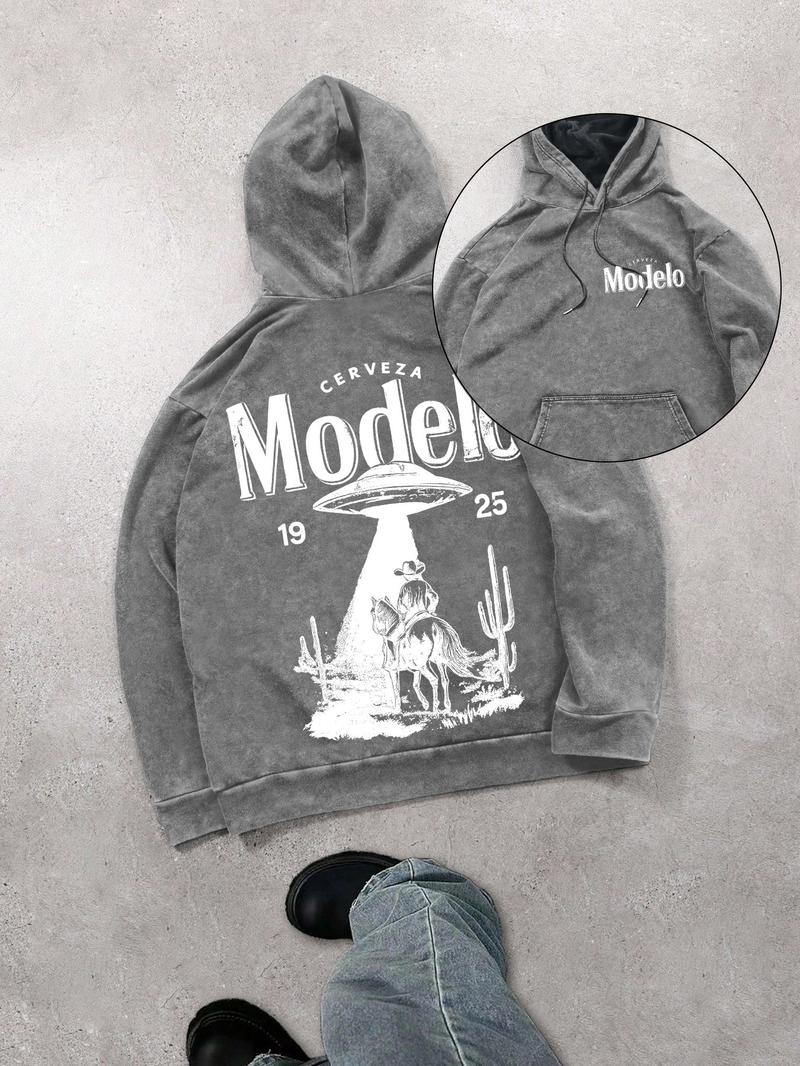 Mexican beer and UFO men's street retro style washed hooded sweatshirt, fashionable and trendy casual long-sleeved hoodie, men's spring and autumn style.