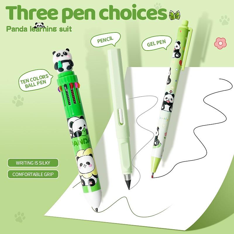 Panda Learning Stationery Set, 6-Piece Aesthetic School Supplies, Ballpoint Pens, Neutral Pens, Pencils, Correction Tape, Sticky Notes, Cute Panda Design