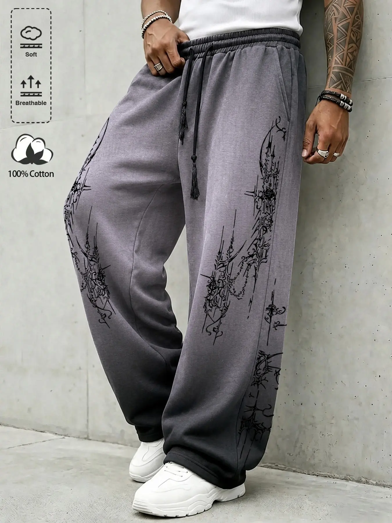 100% Cotton Men’s Baggy Wide Leg Sweatpants - Soft Breathable Gradient Gothic Print Joggers with Elastic Waist Tassel Drawstring for Skate, Streetwear & Daily Outfit