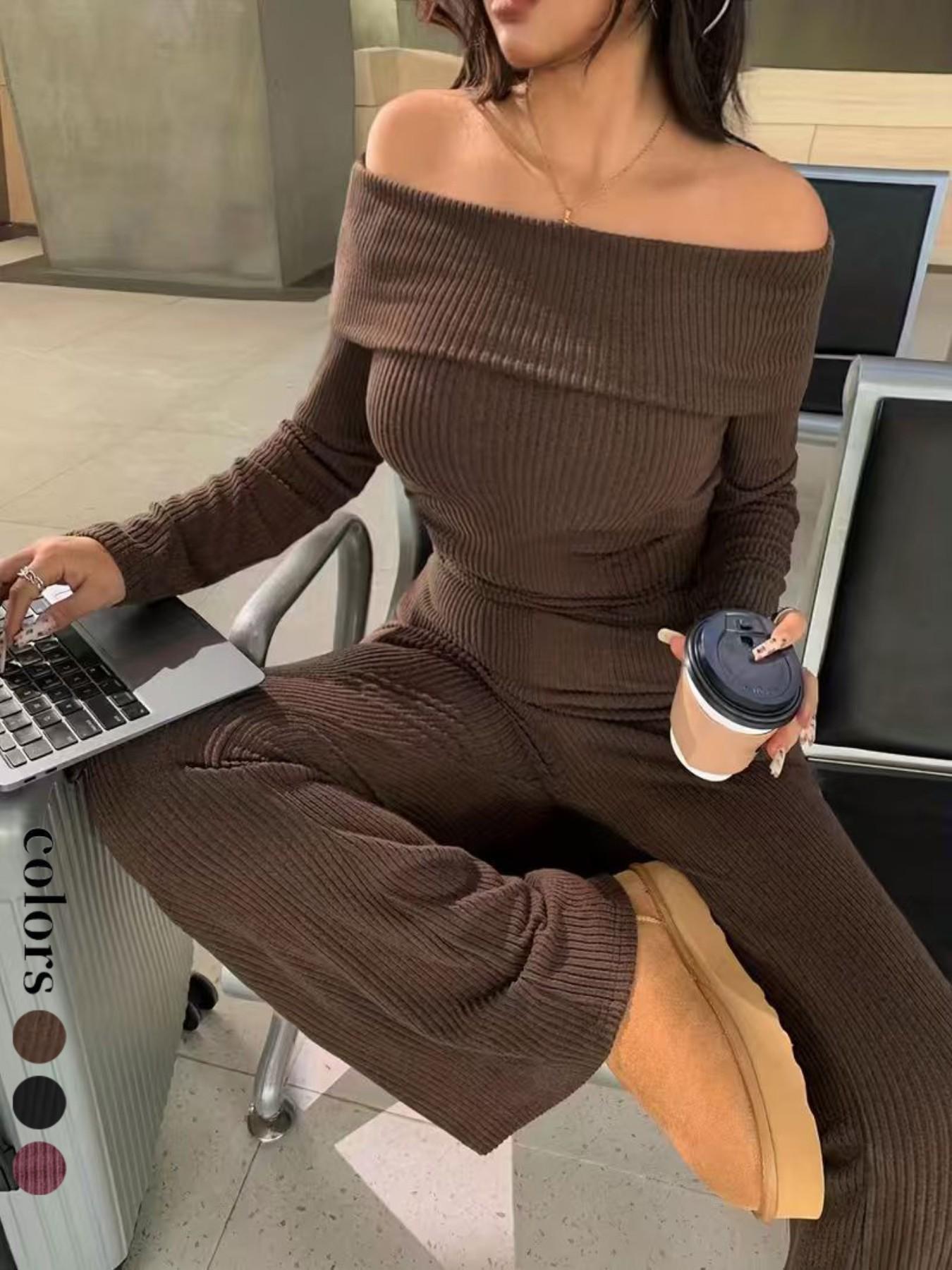 New European and American Style Fall Winter Solid Color Sexy Off-Shoulder Long Sleeve Top + Wide Leg Bell Bottom Pants Two-Piece Set