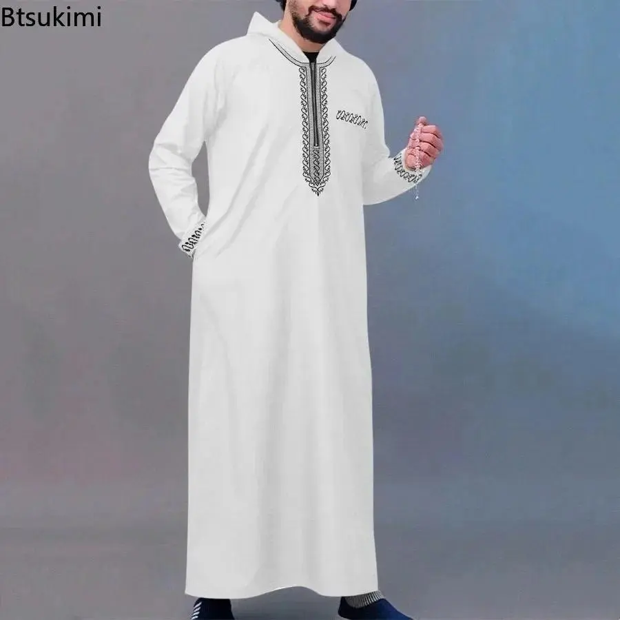 2026 Muslim Men Dress Ethnic Style Embroidered Long Sleeve Stand Collar Kaftan Islamic Clothing Men's Luxury Elegant Hooded Robe