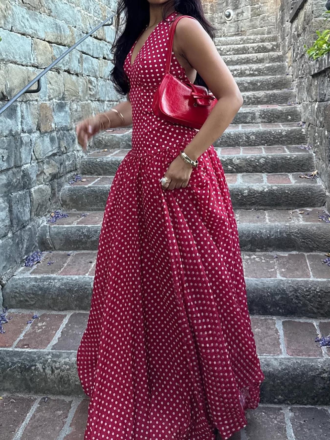 Elegant Vintage Polka Dot Halter Deep V Neck Backless Tie Waist Fitted Dress, Pure Color Retro Style, Women's Fashion Party Dress