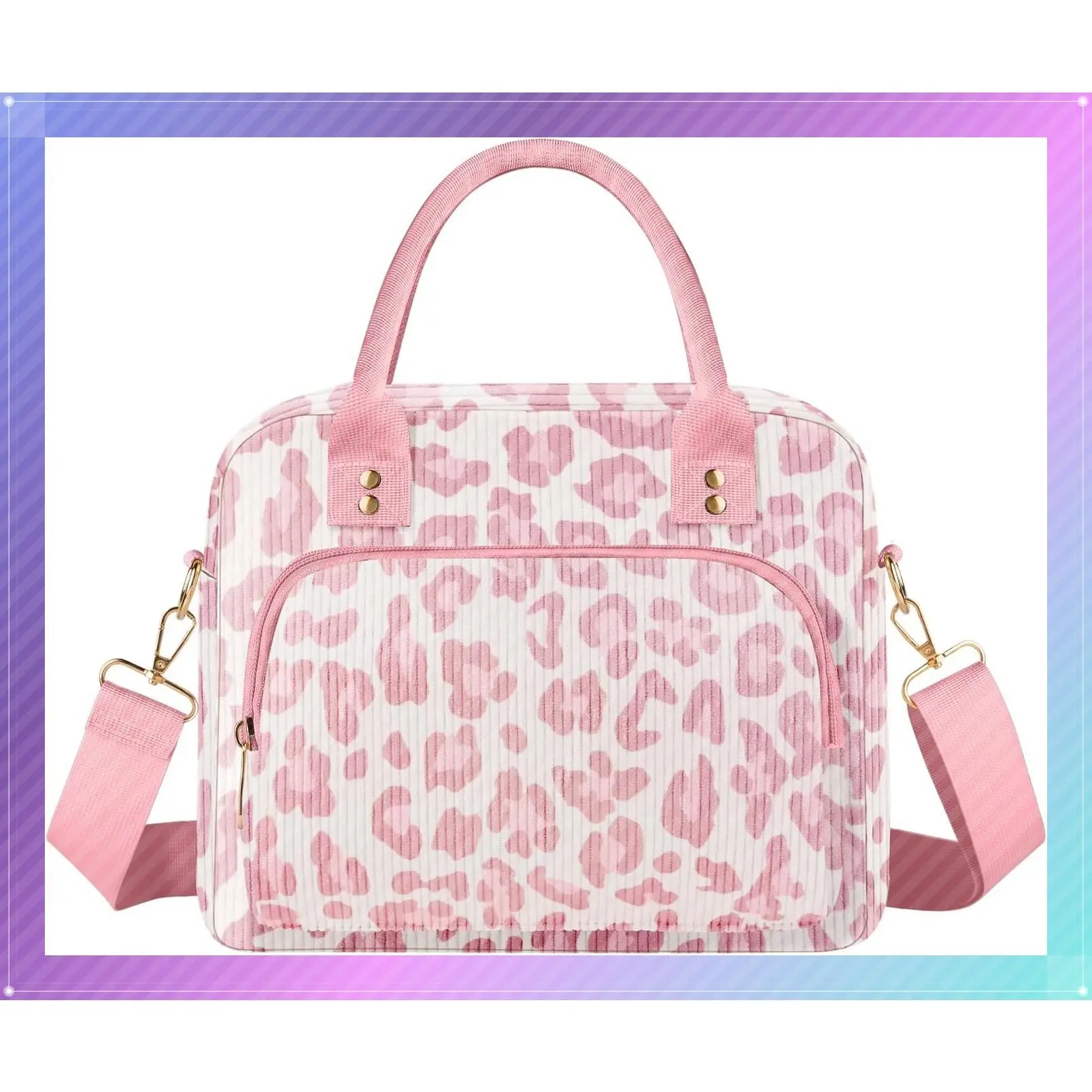 Lunch Bag Large Insulated Lunch Box for Women Adult Cute Pink Leopard Lunchbox Corduroy Lunch Bags Boxes Pail with Shoulder Strap for Work Mom Picnic Office Travel 11.4×6.8×9.1 inches 11.5LGift