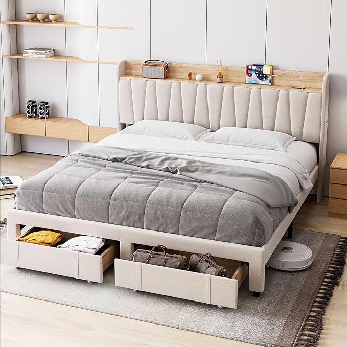 Bed Frame with Storage Headboard and Charging Station, Upholstered Platform Bed Frame with Drawer, Mattress Foundation with Solid Wooden Slats Support, No Box Spring Needed