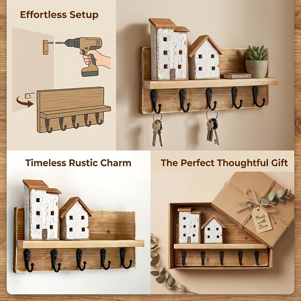 1pc 3D Rustic Wall-mounted Key Holder with 5 Hooks, Wall-mounted Key Rack, Wooden Entryway Organizer with Hooks, Suitable for Bedroom, Home Wall Display, Art Wall Storage, Art and Craft Wall Display Rack, Key Hook and Coat Hook