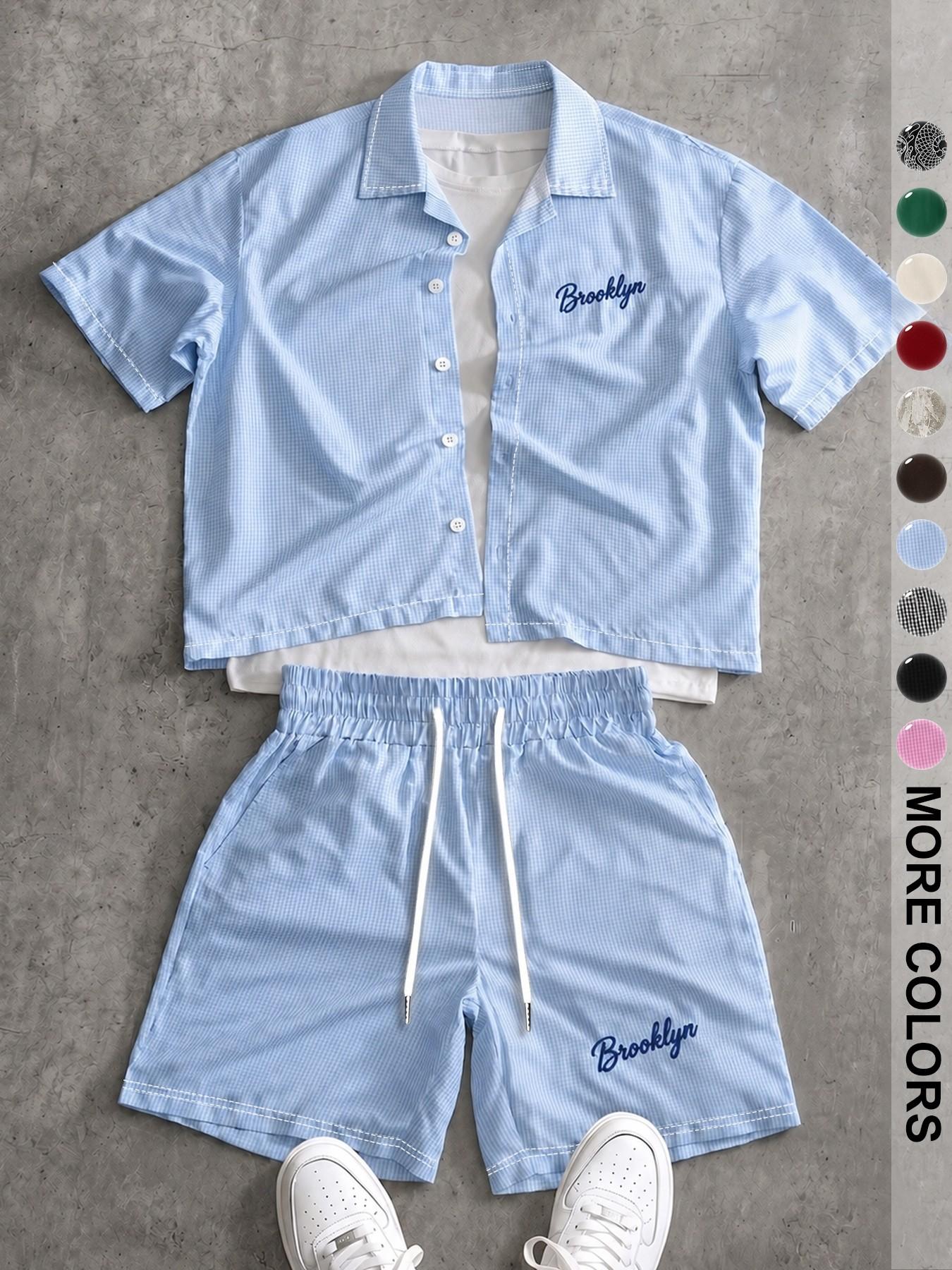 Men's Plaid Print Shirt & Drawstring Waist Shorts Set, Casual Comfortable Slim-Fit Top & Shorts for Daily Wear, Trendy Summer Wear, Clothes