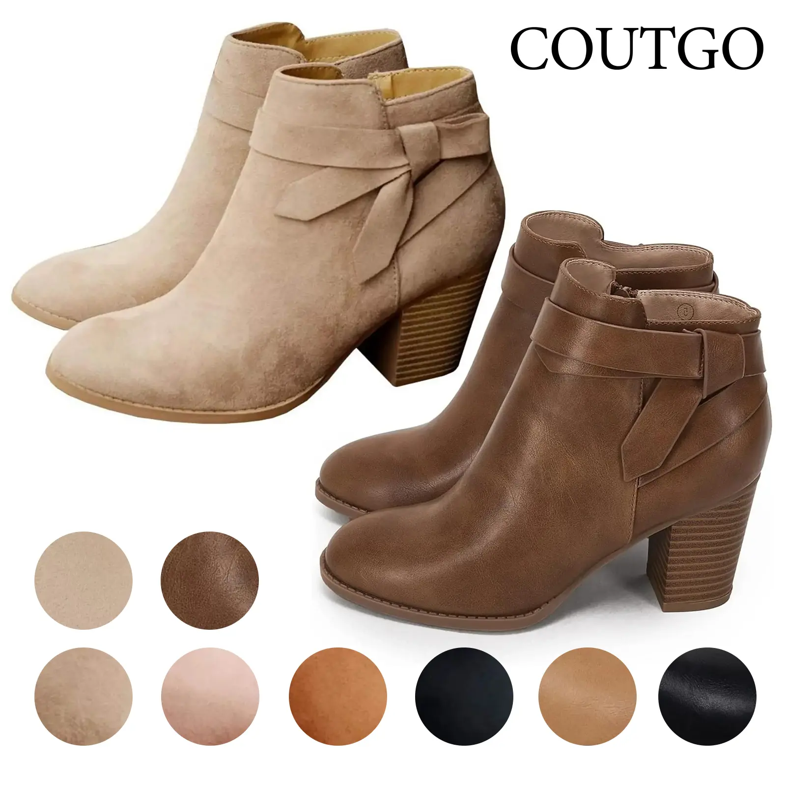 Coutgo Womens Tie Knot Chelsea Pump Ankle Boots Closed Toe Stacked Heel Booties Shoes