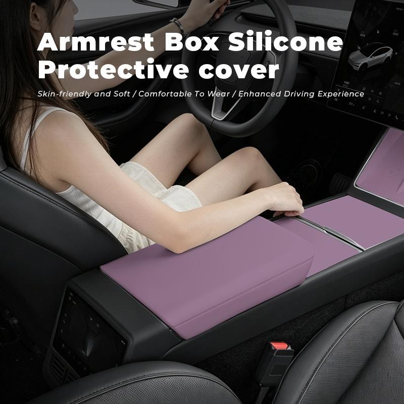Custom Fit Molded Square Silicone Center Console Cover - Painted Clip-On Flip Top Protector for Tesla Model 3 Highland, Model Y Juniper, Durable, Anti-Scratch, Water Resistant Car Armrest Storage Accessory for Effective Interior Protection