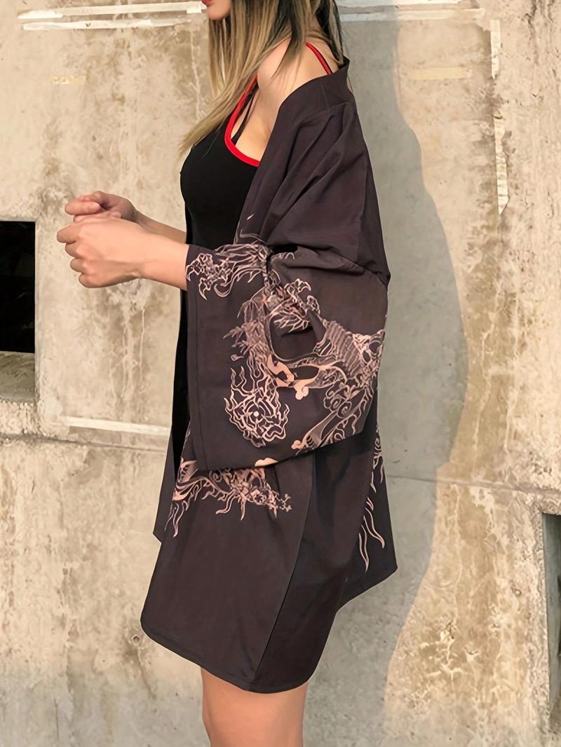 Japanese Style Kimono Dragon Print Cardigan, Unisex Thin Outerwear, Casual Beach Vacation Shawl, Halloween Costume, Fashionable Cape Jacket Japanese Style Kimono Dragon Print Cardigan, Unisex Thin Outerwear, Casual Beach Vacation Shawl, Halloween Costume, Fashionable Cape Jacket
