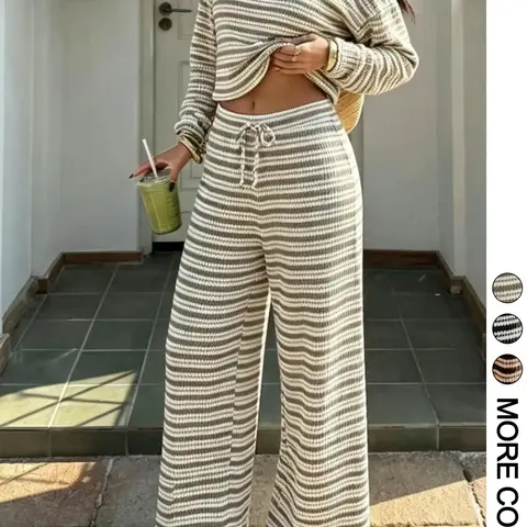 2-Piece Set Striped Baggy Loose Fit Round Neck Long Sleeve Top and Wide Leg Pants, Comfortable Casual Chic Outfit for Everyday Wear