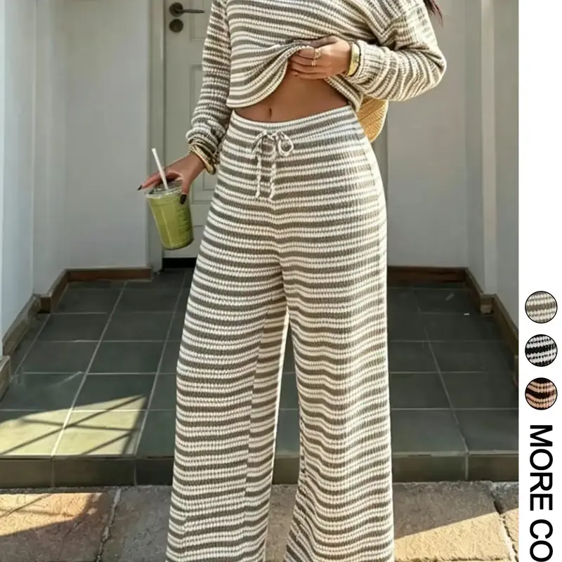 2-Piece Set Striped Baggy Loose Fit Round Neck Long Sleeve Top and Wide Leg Pants, Comfortable Casual Chic Outfit for Everyday Wear