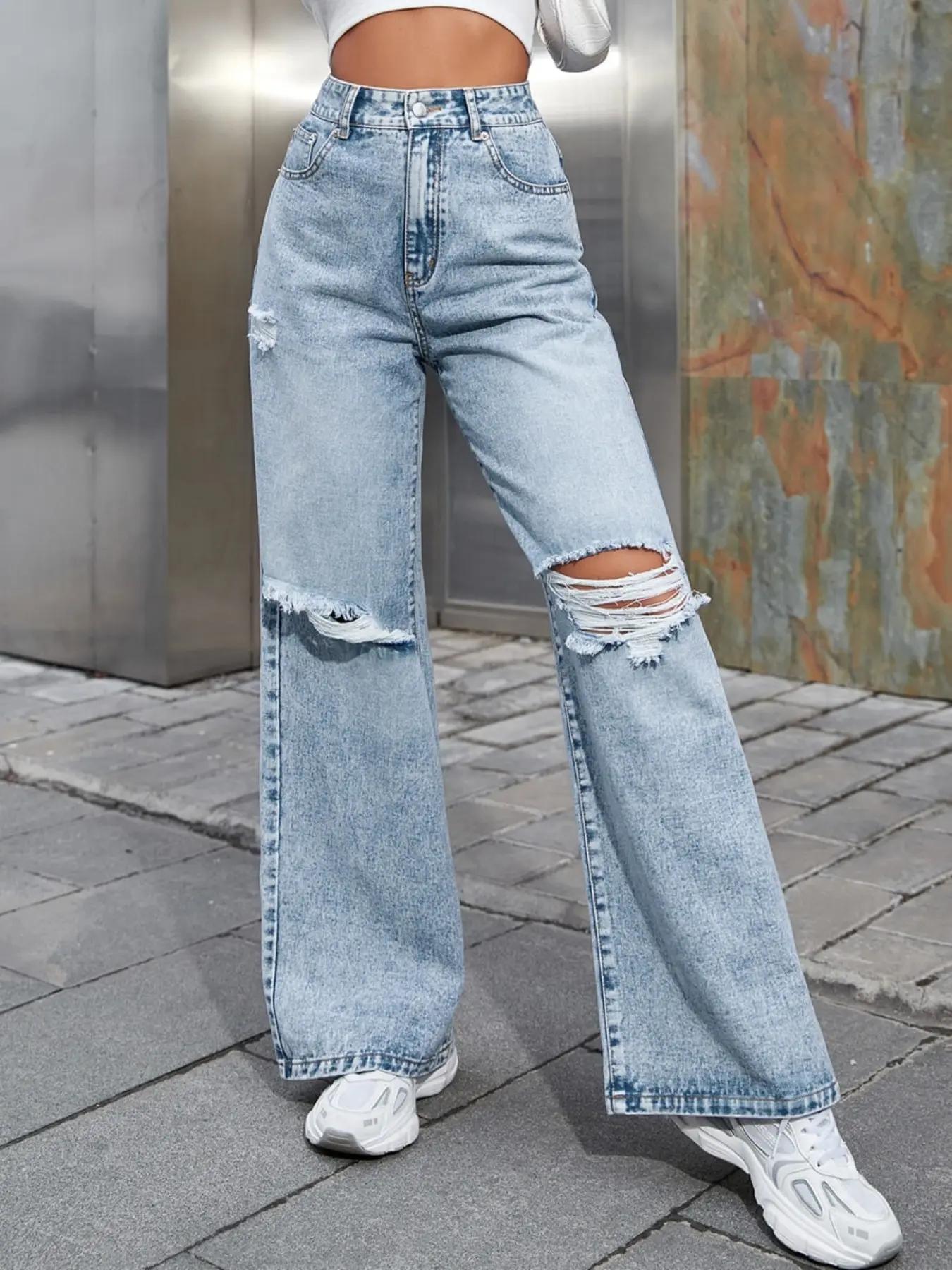 Elegant High Waist Denim Jeans for Women, Womenswear, Versatile Ripped Wide Leg Pants, Casual Fashionable Streetwear Design, Perfect for Daily Wear