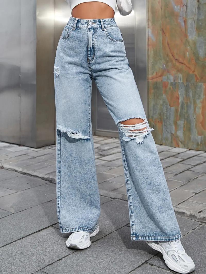 Elegant High Waist Denim Jeans for Women, Versatile Ripped Wide Leg Pants, Casual Fashionable Design, Perfect for Daily Wear