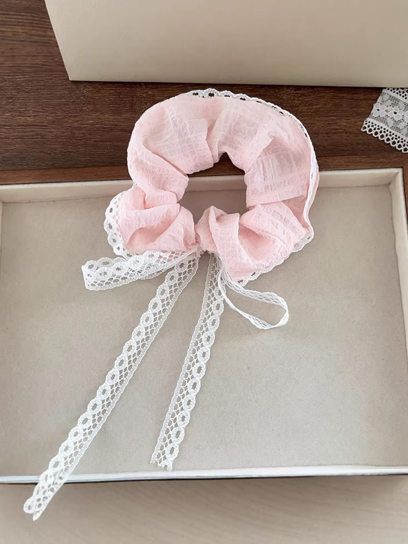 2 Pcs Korean Style Lace Edged Hair Ties, Elegant Bow Design, Casual All-Season Headband, Ditsy Floral Pattern, High-Quality Elastic Bands