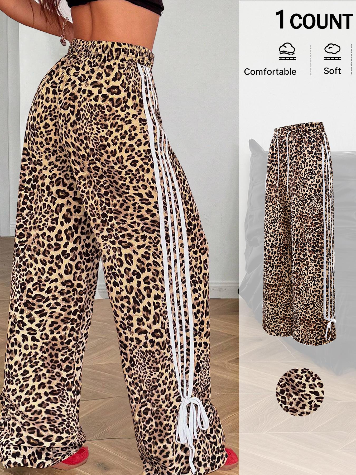 Women's Leopard Print Sweatpants Side Stripe Wide Leg Pants Y2K Streetwear Baggy Trousers with Bow Hem，Trendy Leopard Print Track Pants High Waist Loose Fit Casual Joggers Soft Comfy Lounge Trousers for Women，Hip Hop Street Dance Bottoms Fashion