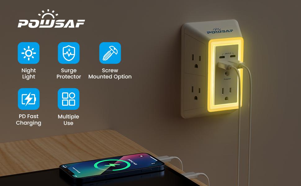 Multi Plug Outlet Surge Protector - POWSAF 5 Outlet Extender with 4 USB Ports(2 USB-C Fast Ports) and Night Light, 3-Sided Power Strip with Adapter Spaced Outlets - ETL Multiple Sockets