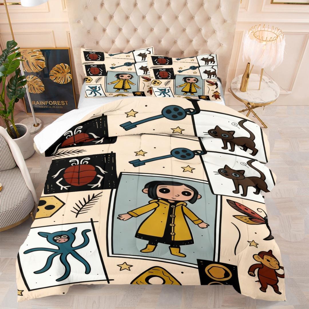 Coraline Pattern Bedding Set, Includes 1 Quilt and 1 or 2 Pillowcases Without Pillows, Soft Kids and Adult Bedroom Gift