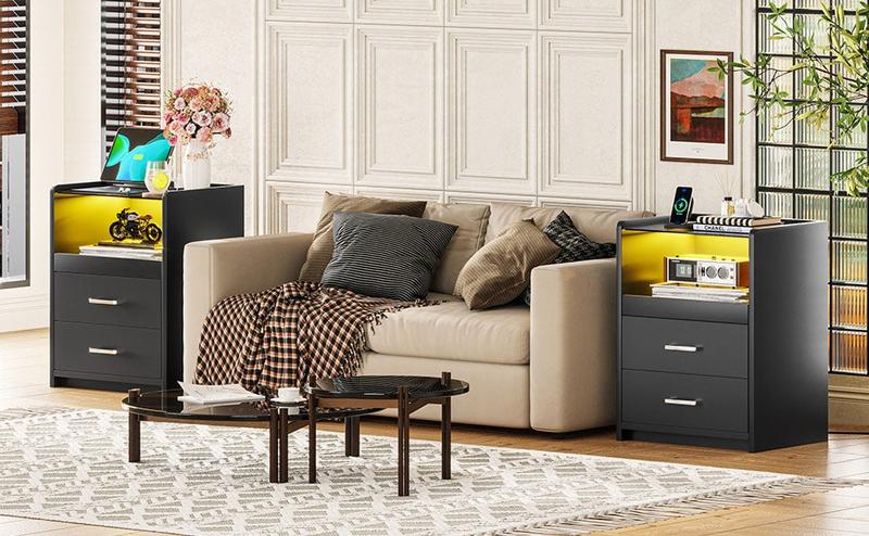 Sikaic LED Nightstand With Charging Station Drawers Modern End Table Bedside Cabinet