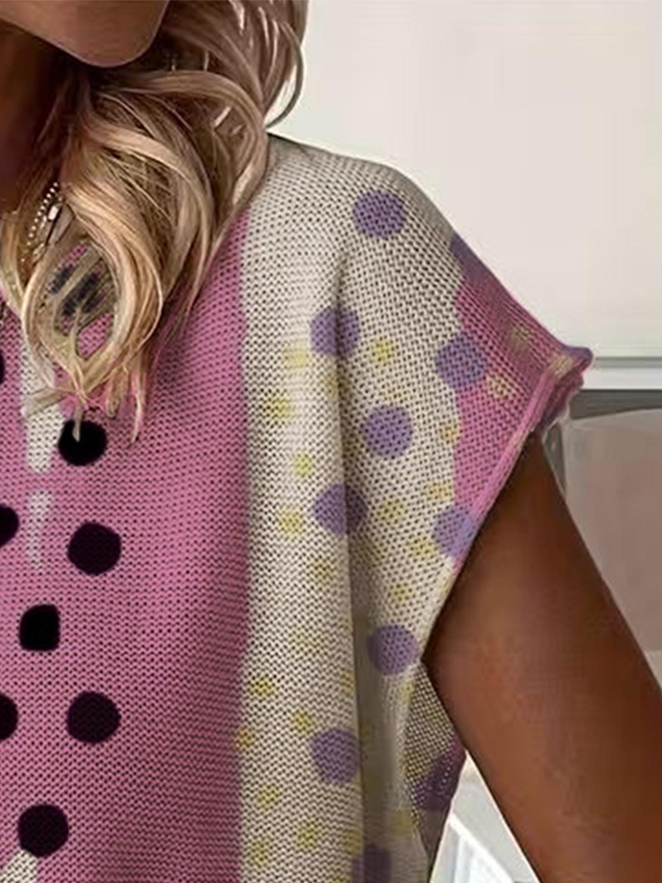 Summer Round Neck Short Sleeve Knit Top Blouse, Loose Fit Colorblock Polka Dot Print, Casual Elegant Commuter, Bikini Cover-Up