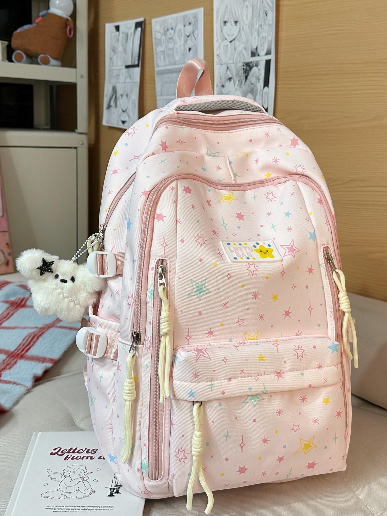 2026 New Cute Waterproof Fashion Star Pattern Backpack, High School Student Book Bag, Large Capacity Dual Shoulder Bag with Charm