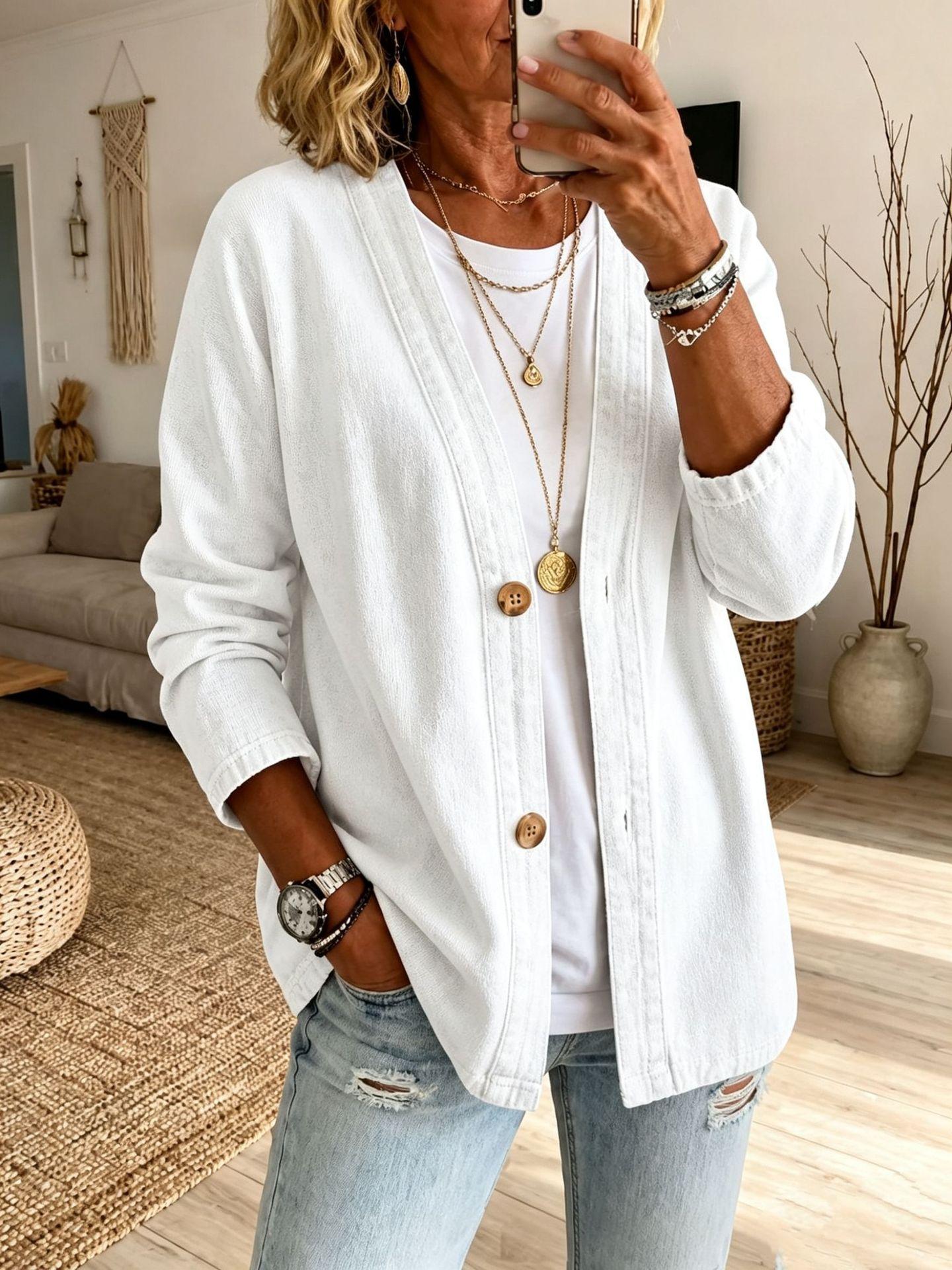 Women V‑Neck Denim Cardigan Jacket, Long Sleeve Button Down Loose Casual Open Front Denim Coat, Spring Fall Daily Outerwear for Ladies