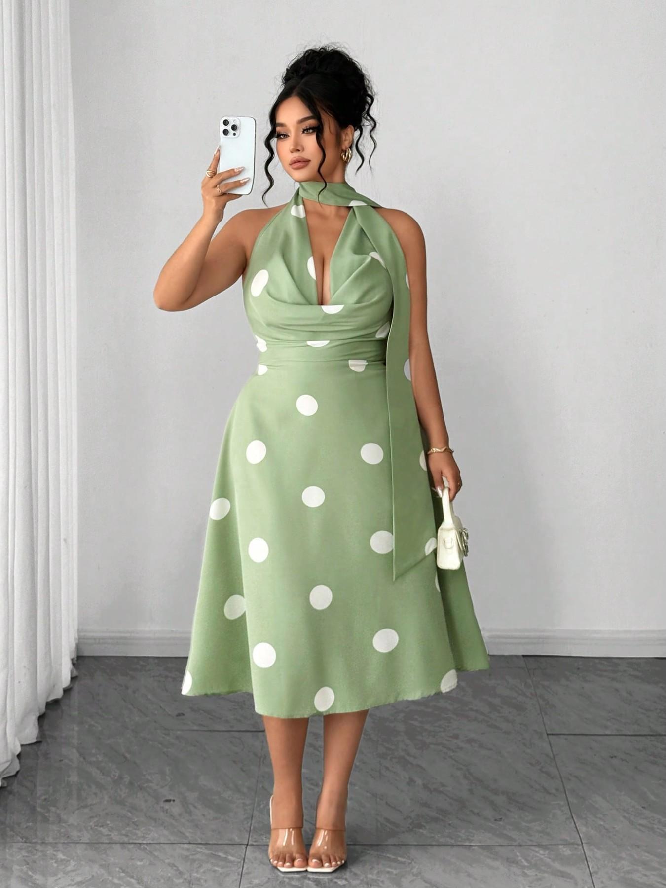 Plus Size Retro Polka Dot Halter Dress, Hepburn Style Waist Cinch Slimming Midi A-Line Dress, Vintage Fashion Women's Clothing, Casual Wear