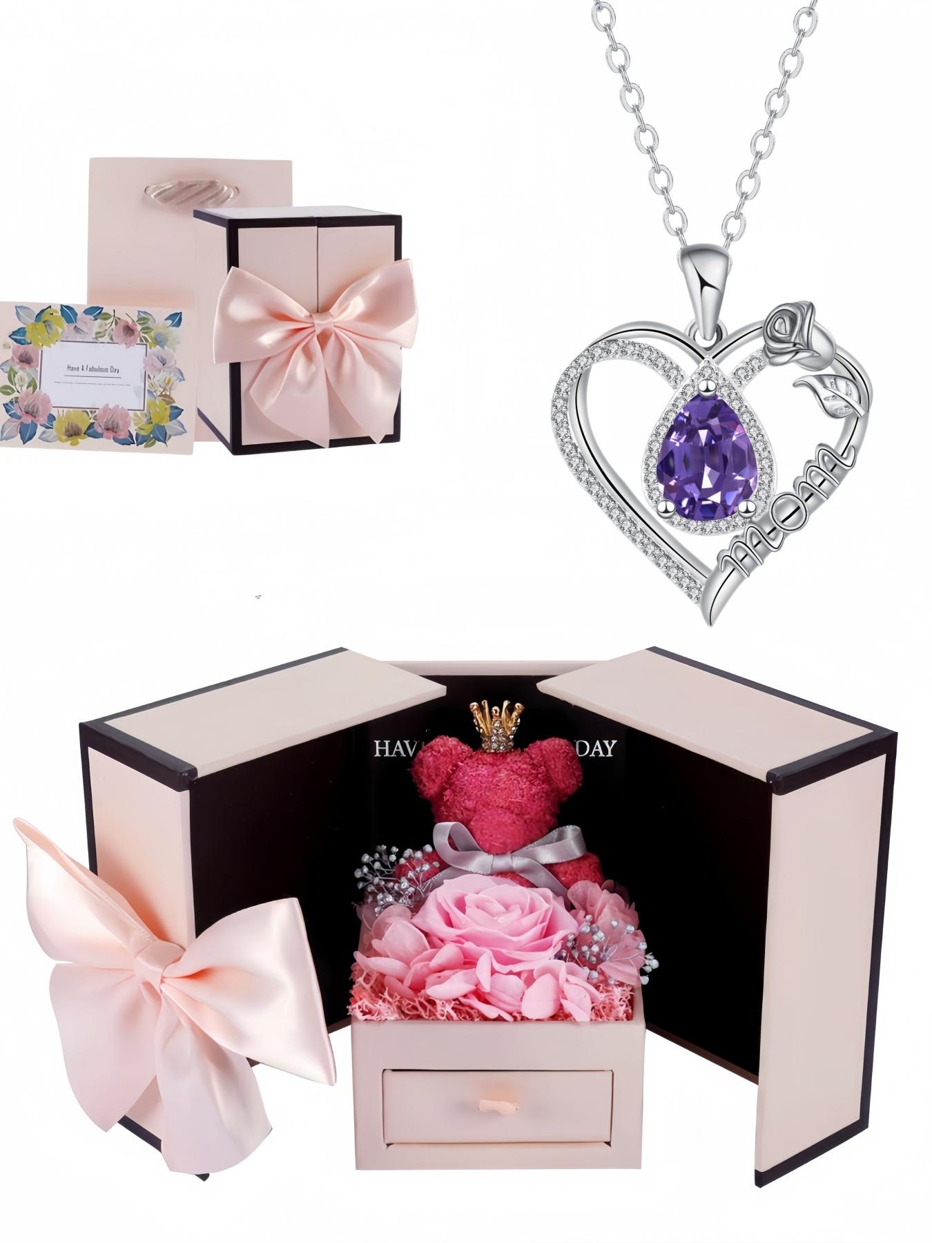 Diamond Drop Rose Heart Mom Luxury premium heart-shaped MOM teardrop gem necklace.Paired with a preserved rose & teddy bear jewelry gift box.Perfect mysterious gift for festivals, birthdays, Valentine's Day, Mother's Day and Christmas.