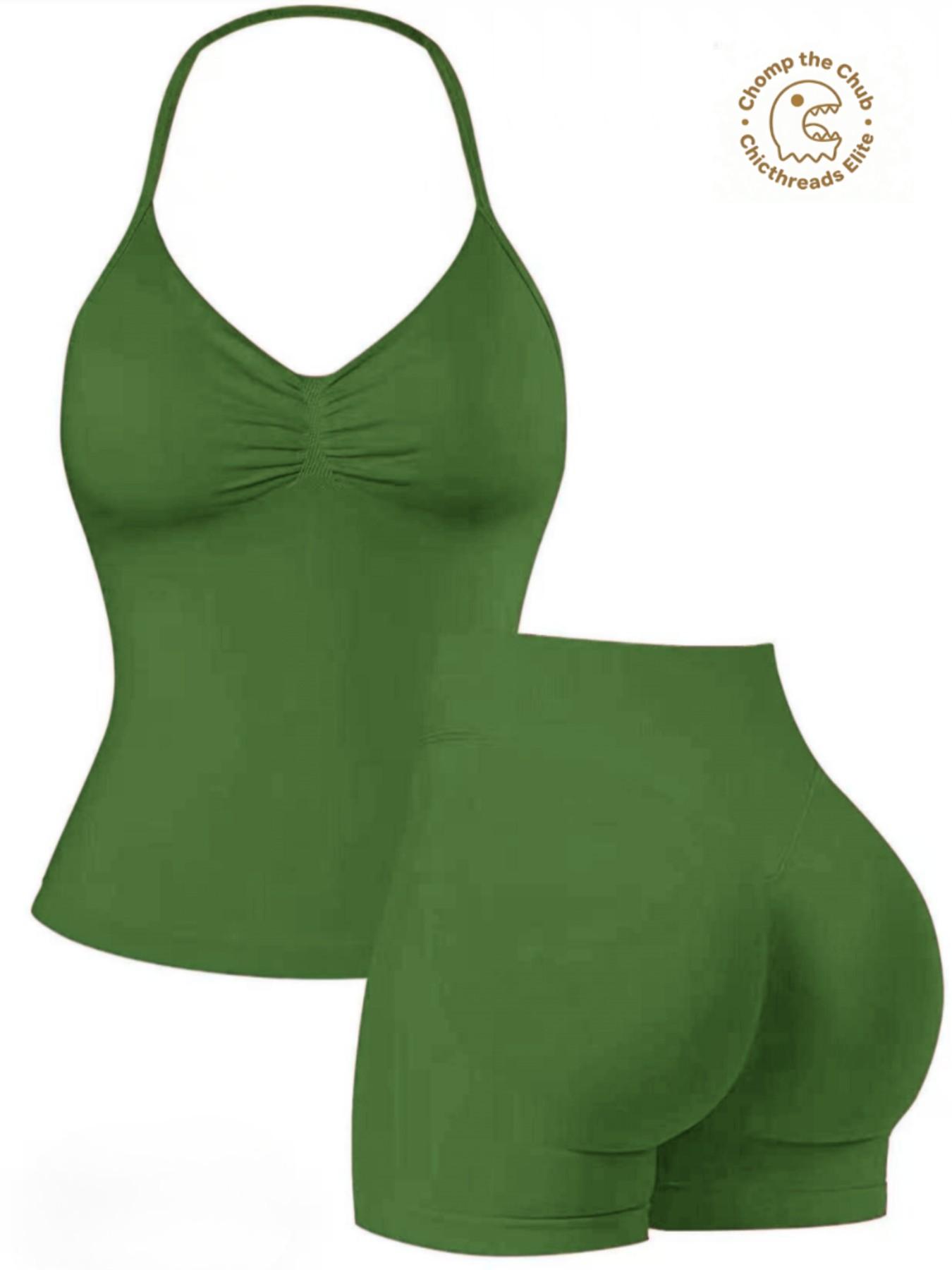Bootie Lifting & Snatched Waist Yoga Set, Halter Ruched Top + High Waist Sculpting Shorts, Ideal for Gym, Yoga, Activewear, Gym Workout Set, High Stretch Sporty, Gym Clothes Workout