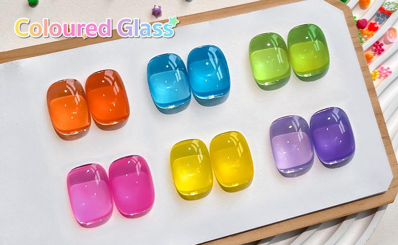 GAOY Coloured Glass Jelly Gel Nail Polish Set, 6 Transparent Colors Sheer Neon Green Pink Soak Off UV Light Cure Gel Polish Kit for Salon and Nail Art DIY at Home