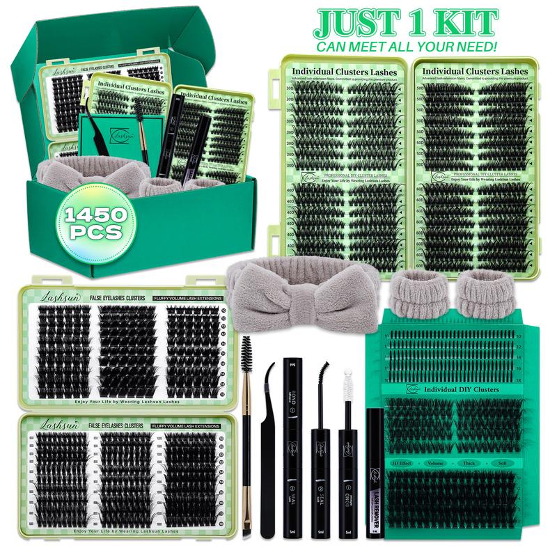 1450/640/460/350 PCS D Curl Lash Clusters Kit, 11 Styles Cat Volume Spikes and 3D Effect Lashes Eyelash Extensions with Bond and Seal Remover Applicator Headband and Wristband, Suitbale for Easy DIY Makeup at Home