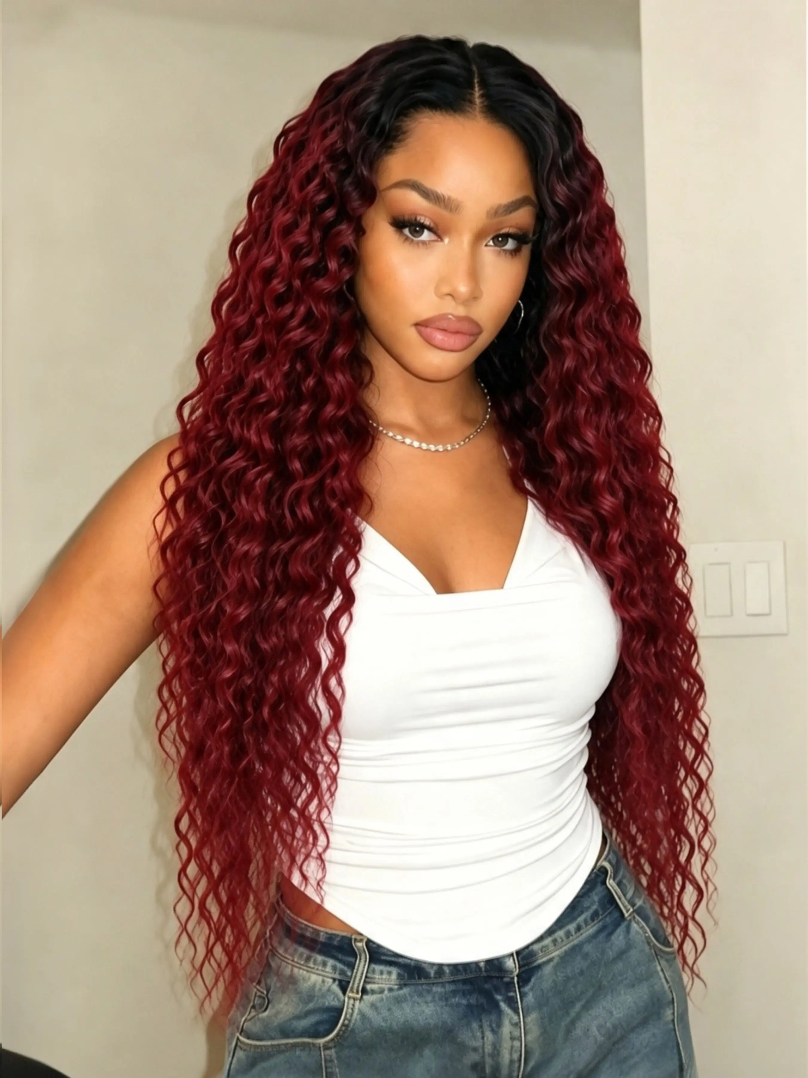 Burgundy Curly Wavy Wig 13x4 Lace Front Wigs Burgundy with Dark Root Wig Long Curly Synthetic Wigs Bouncy Curly Natrural Hairline Loose Curly Ombre Burgundy Lace Frontal Wigs Heat Resistant Fiber for Women Festival Party Daily Wear 28 Inch
