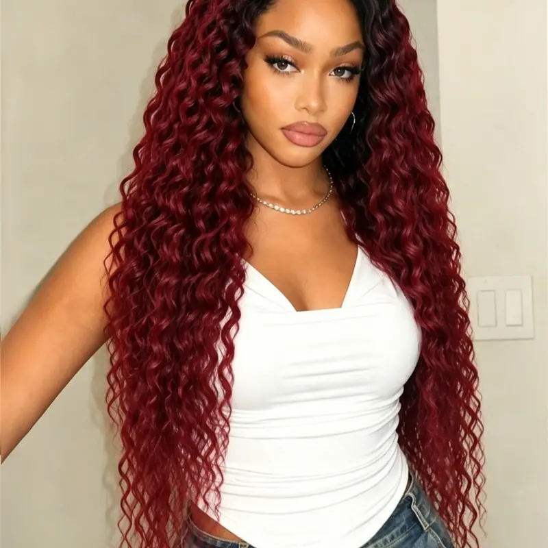 Burgundy Curly Wavy Wig, Curly Frontal Wigs 13x4 Lace Front Wigs with Dark Root Wig Long Synthetic Bouncy Natrural Hairline Loose Ombre Burgundy Lace Front Wigs Heat Resistant Fiber for Women Festival Party Daily Wear 28 Inch