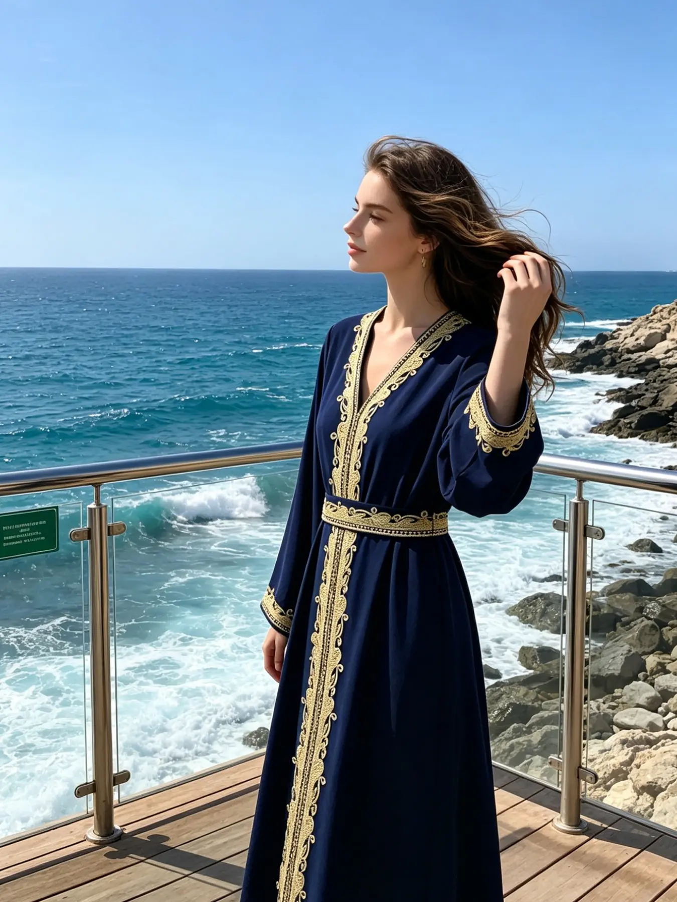 Gold Trim V-Neck Embroidered Waist Muslim Robe, Middle Eastern Dubai Style Long Sleeve Abaya Dress, Ramadan Wedding Banquet Luxury Islamic Attire