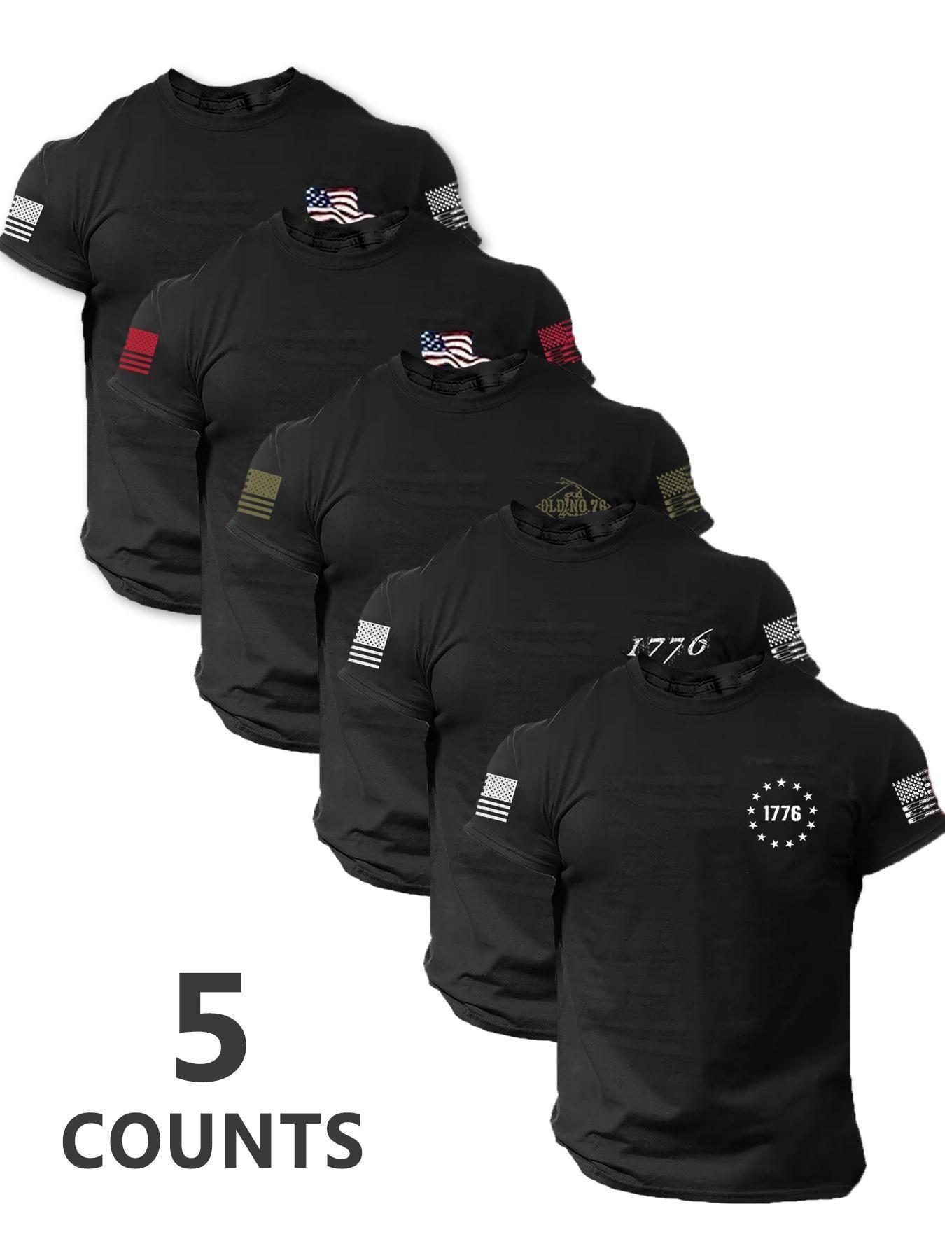 Men's Fashion Round Neck Casual Short Sleeve T-Shirt, Summer Comfortable Flag Print Outdoor Tee, 5 Pack, Perfect for Boyfriend Daily Wear Men's Fashion Round Neck Casual Short Sleeve T-Shirt, Summer Comfortable Flag Print Outdoor Tee, 5 Pack, Perfect for Boyfriend Daily Wear