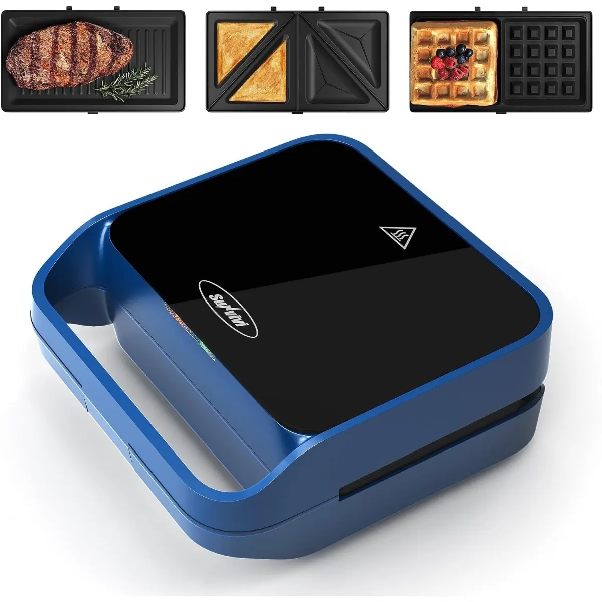 [Bellemave] 3 in 1 Electric Sandwich Maker with Removable Nonstick Plates - 850W, Blue