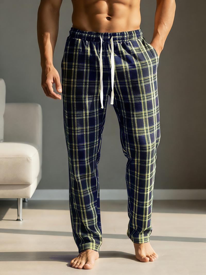 Men's Plaid Lounge Pants - Soft & Comfortable Sleepwear with Straight Cut and Drawstring Waist, Suitable for Daily Home Wear and Outdoor Strolls, Loungewear