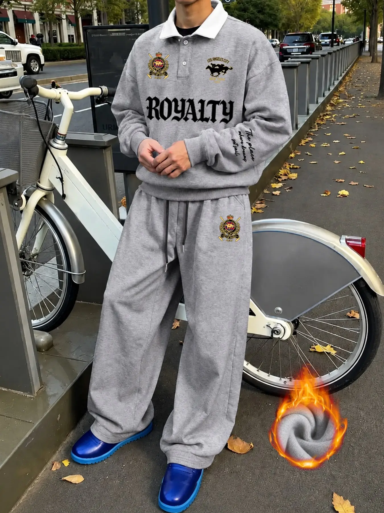 Light Gray Thick Warm 2-Piece Matching Tracksuit Set, White Contrast Collar Polo Long Sleeve Sweatshirt & Wide Leg Sweatpants, Royal Emblem ROYALTY Gothic Letter Print, Unisex Matching Outfit, Couple Co-Ordinate Set