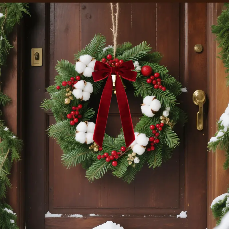 Burgundy velvet bows decorating staircase garland