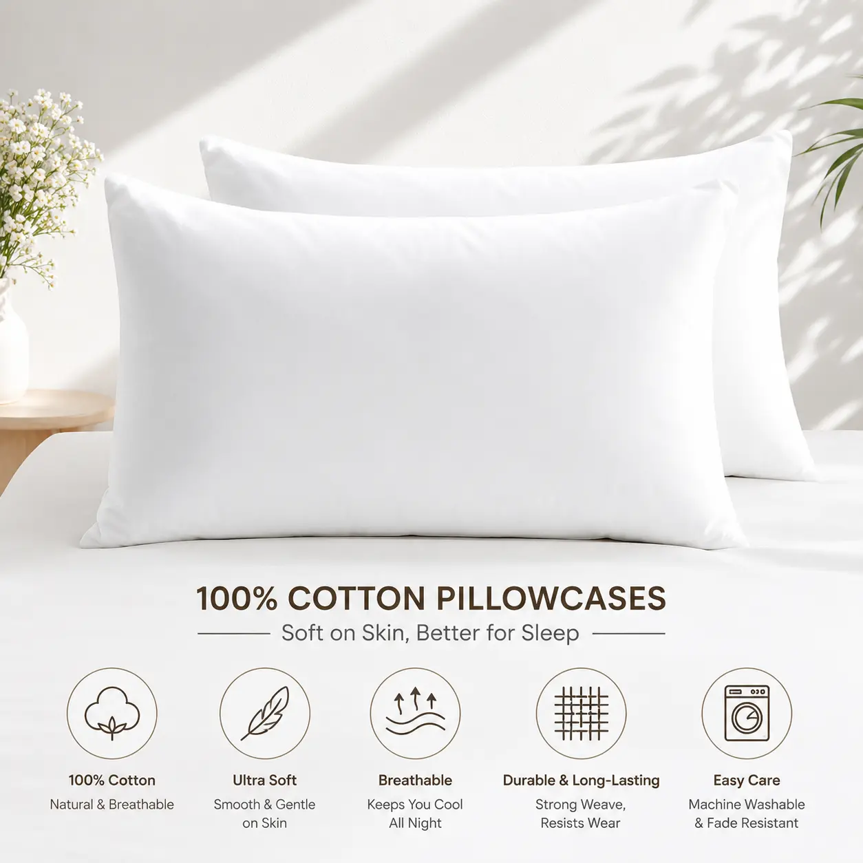 HTA  2 Pack Cotton Pillowcases, Ultra Soft Breathable Pillow Covers with Envelope Closure, Natural Comfort Bedding Set