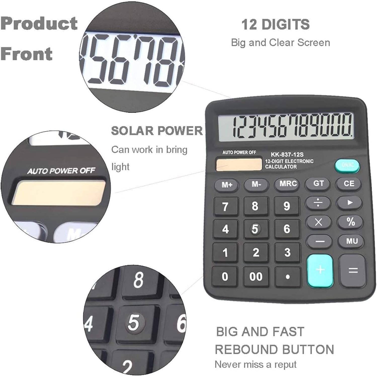 Calculators,  12-Digit Dual Power Handheld Desktop Calculator with Large LCD Display Big  Button (Black, Pack of 10)