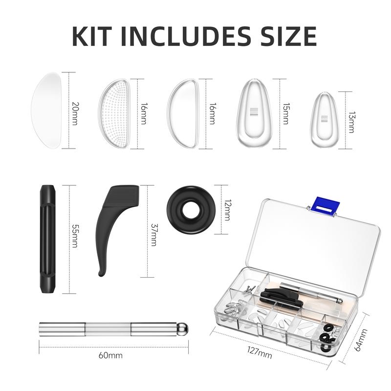45 Pcs Eyeglasses Anti-Slip Retainer Kits, Includes 6 Air Cushion Nose Pads (Screw-Type) + 12 Anti-Slip Adhesive Nose Pads + 8 Round Ear Grips + 4 Silicone Ear Hook Holders + 4 Temple Tip Sleeves + 1 Cleaning Cloth   Reading Glasses Holder