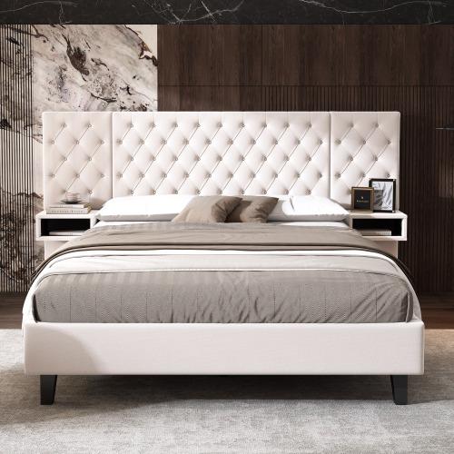 【Bellemave】Queen/ King Size Platform Bed with Headboard, Modern Velvet Upholstered Platform Bed with 2 Nightstands, with diamond tufted, 【Bellemave】Queen/ King Size Platform Bed with Headboard, Modern Velvet Upholstered Platform Bed with 2 Nightstands, with diamond tufted,
