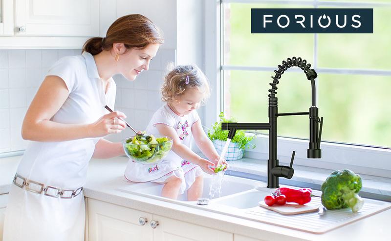 FORIOUS Commercial Spring Kitchen Faucet with Dual Heads & LED Stainless Steel Pull Down Sprayer Standard Aerator 360° Swivel Matte Black