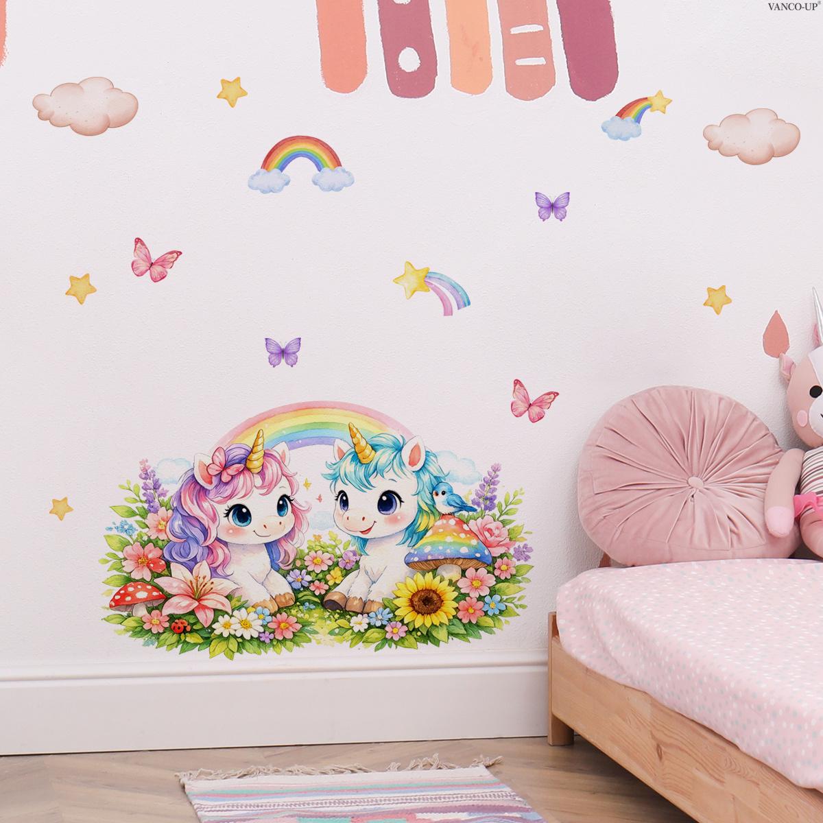1Pc (30*60cm) Macaron Dreamy Unicorn Wall Sticker, Rainbow Butterfly Wall Decals for Kids Bedroom Decorations Living Room Decor