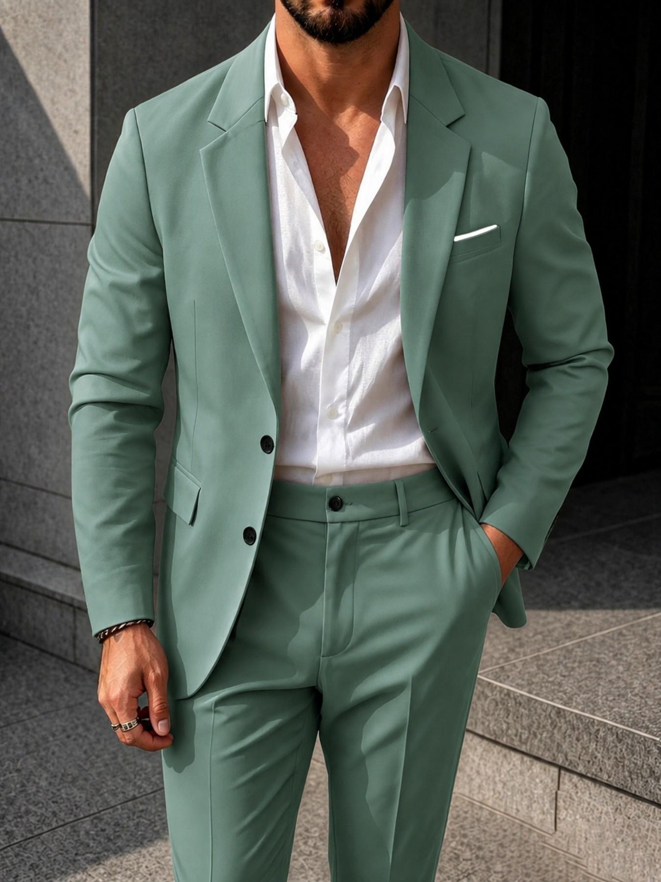 Men's Fall New Suit Set, Minimalist Italian Business Style, Flat Lapel Two-Button Blazer Jacket, Back Elastic Waist Trousers, Suit Pants, Comfortable Wrinkle-Resistant Fabric