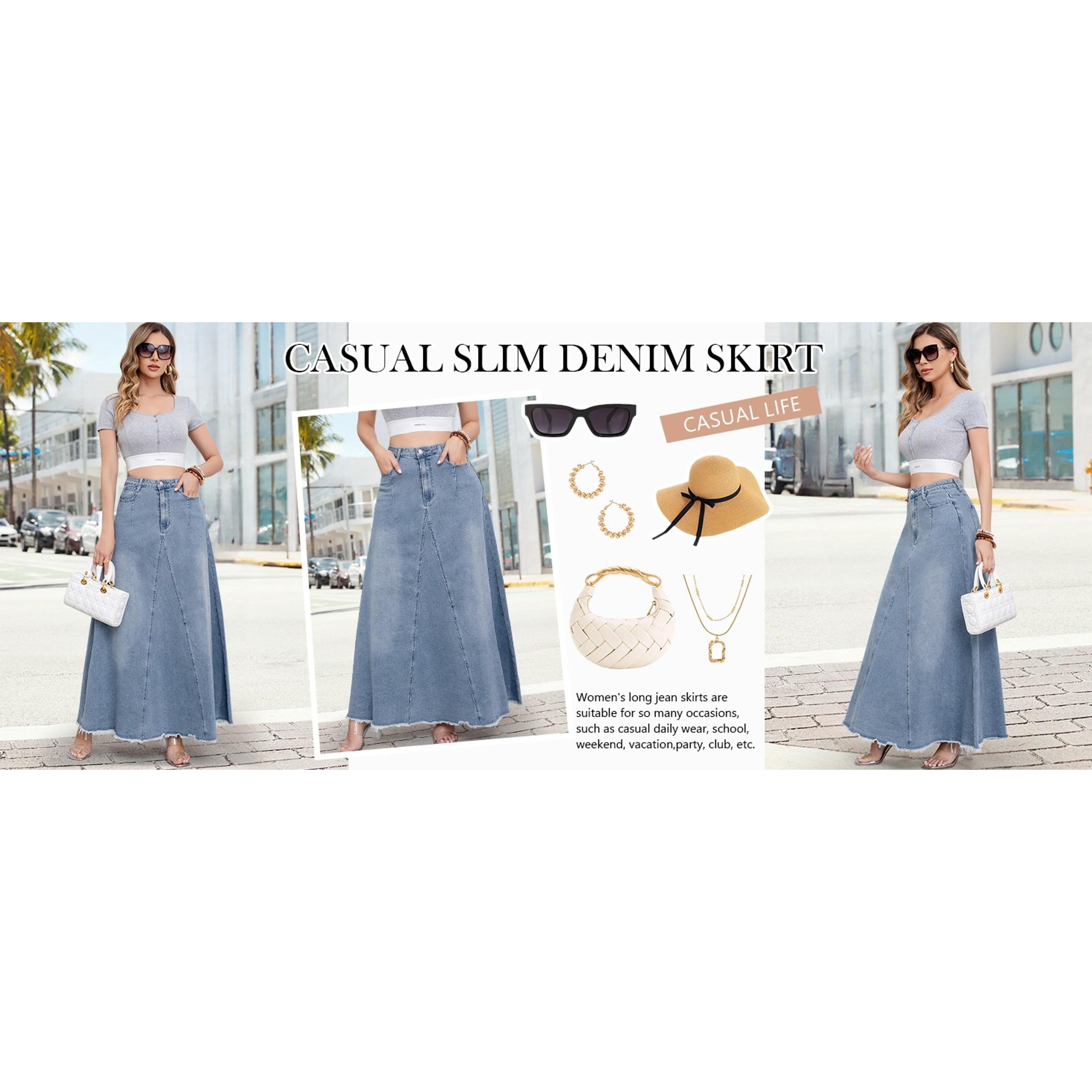 ebossy Women's Retro Distressed High-Waist Frayed-Hem Flared A-Line Patchwork Maxi Denim Skirt with Pockets, Buttons, Zipper - Casual Hippie Bottoms for Birthday, Party (Gift) ebossy Women's Retro Distressed High-Waist Frayed-Hem Flared A-Line Patchwork Maxi Denim Skirt with Pockets, Buttons, Zipper - Casual Hippie Bottoms for Birthday, Party (Gift)