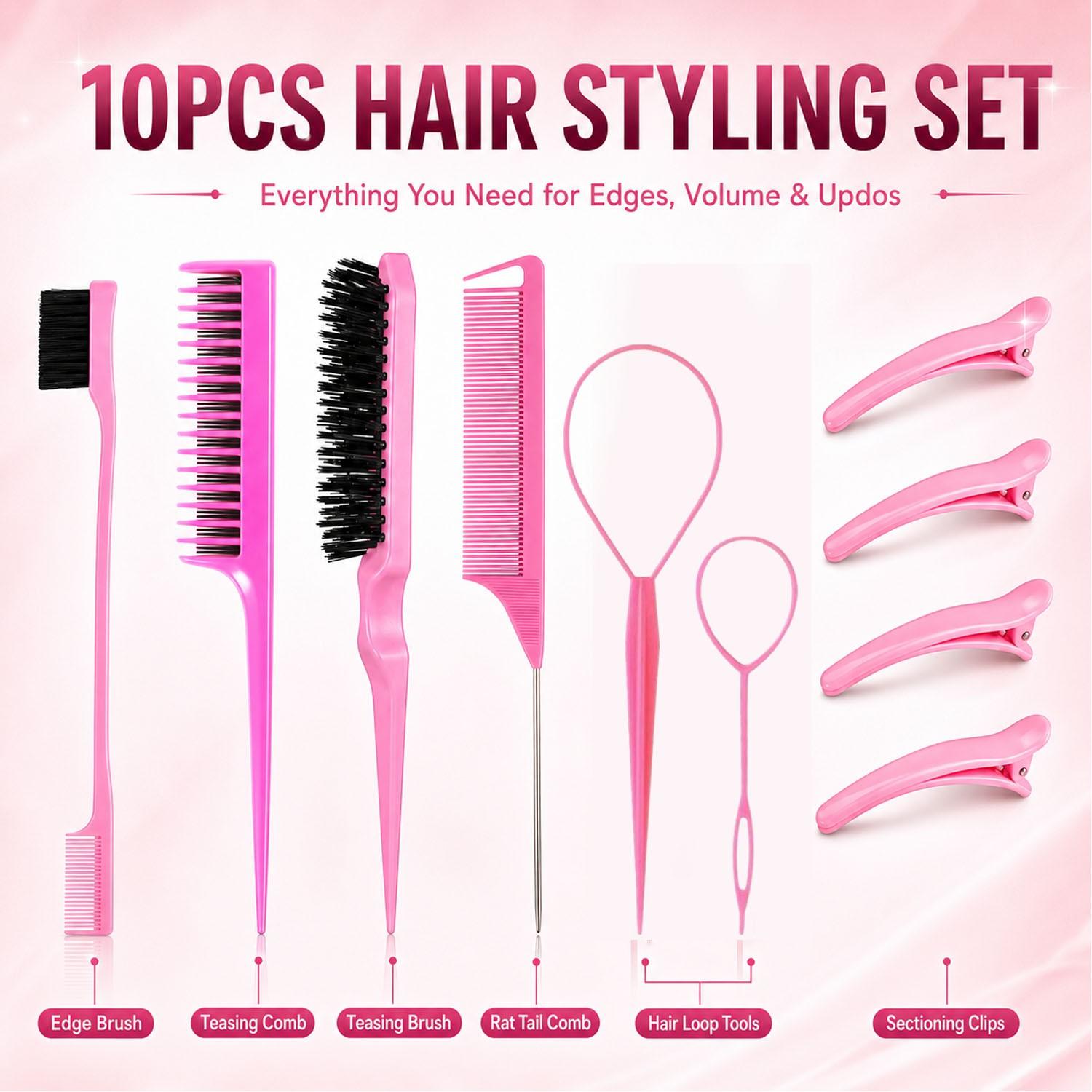 10/11PCS Hair Styling Tools Set with Edge Brush, Rat Tail Comb, Smoothing Brush, Hair Clips & Braiding Loop Tools, Slick Back Hair Styling Kit for Parting, Braiding, Detangling, Ponytails & Daily Hair Care, Salon Hair Accessories for Women & Girls