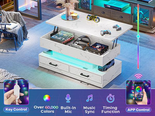 SEDETA 40-inch Faux Marble Rectangular Coffee Table with Drawers & LED Lights Living Room Furniture Foldable Height Adjustable Storage Compartment