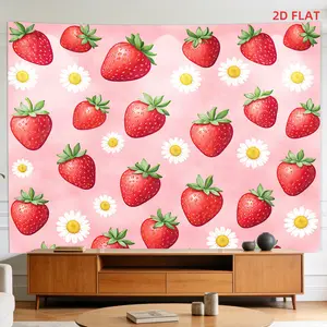 Pattern Printed Tapestry- Strawberries, Daisies, Pink Background, Fruits, Flowers, Room Wall Decoration,Suitable for, Living Room, Meditation, Office, Party Decoration