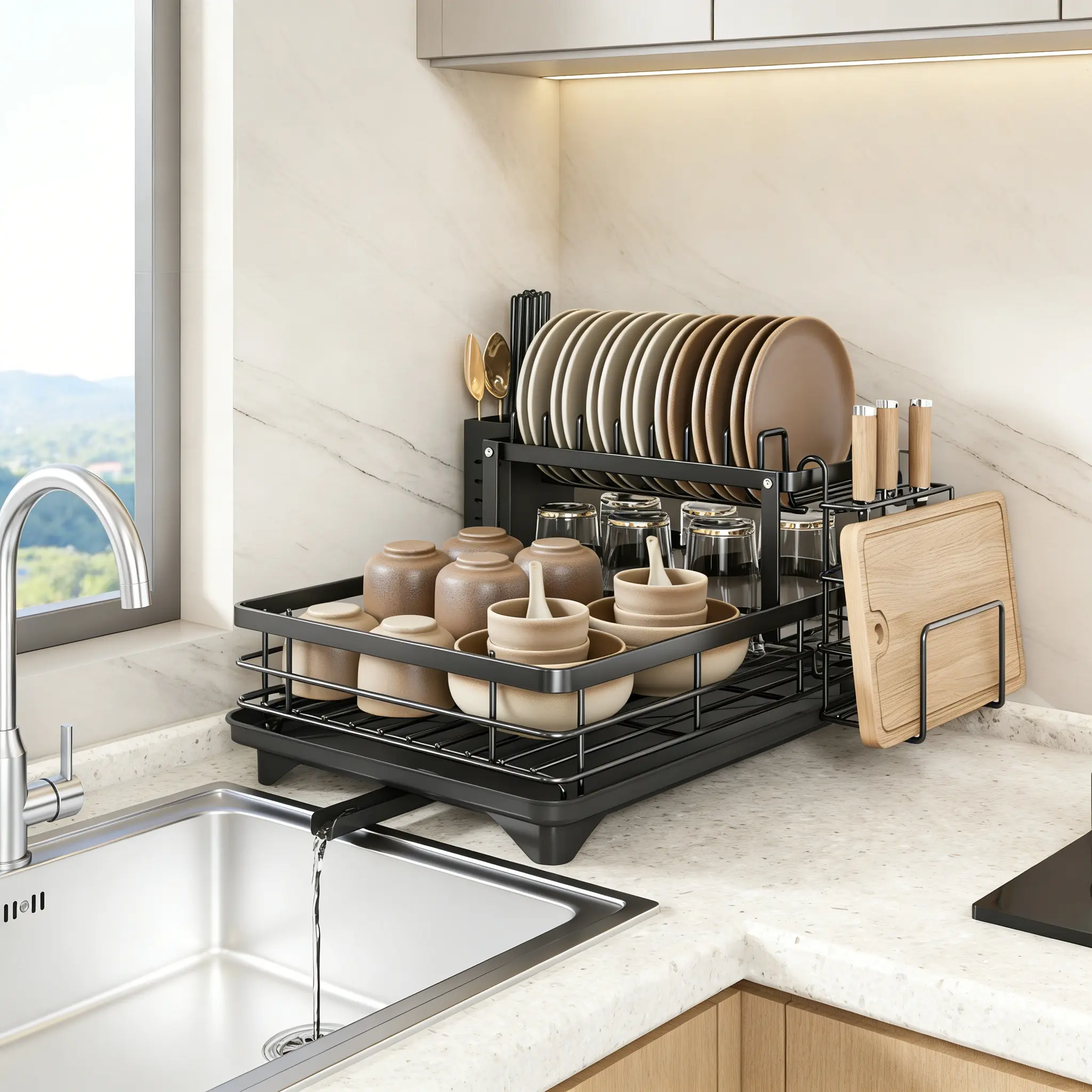 Dish Drying Rack 2-Tier Auto Draining for Kitchen Counter & Sink, Black | Detachable Stainless Steel Organizer, Drainboard & Utensil Holder, Chaos Coordinator Gifts